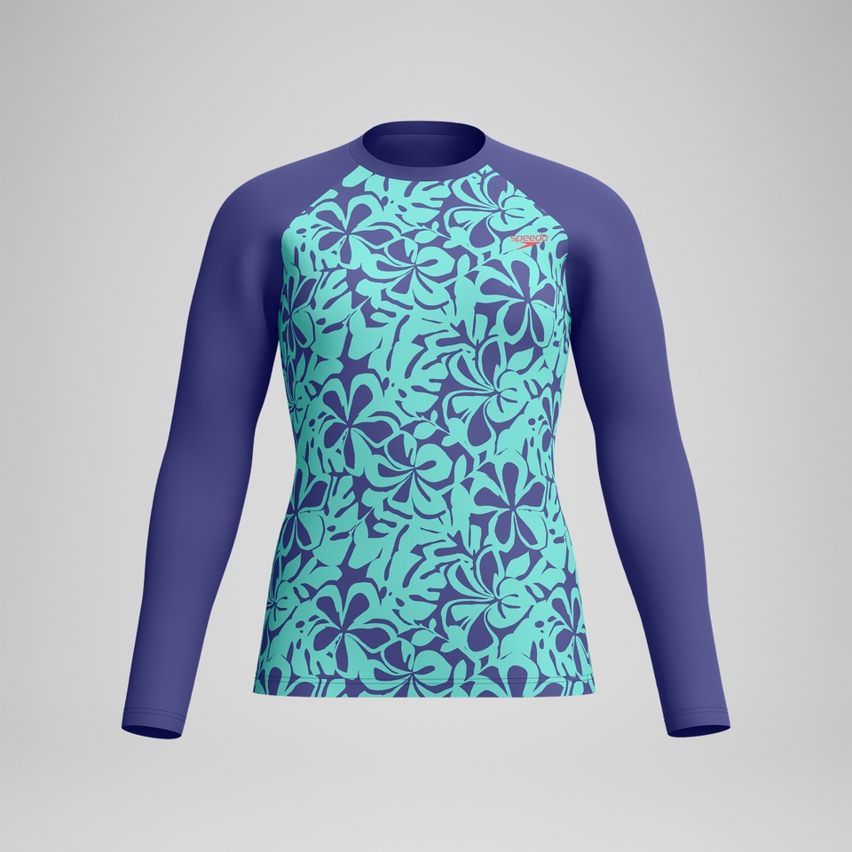 Bedrucktes langärmliges Rash-Top Blau/Grün für Damen