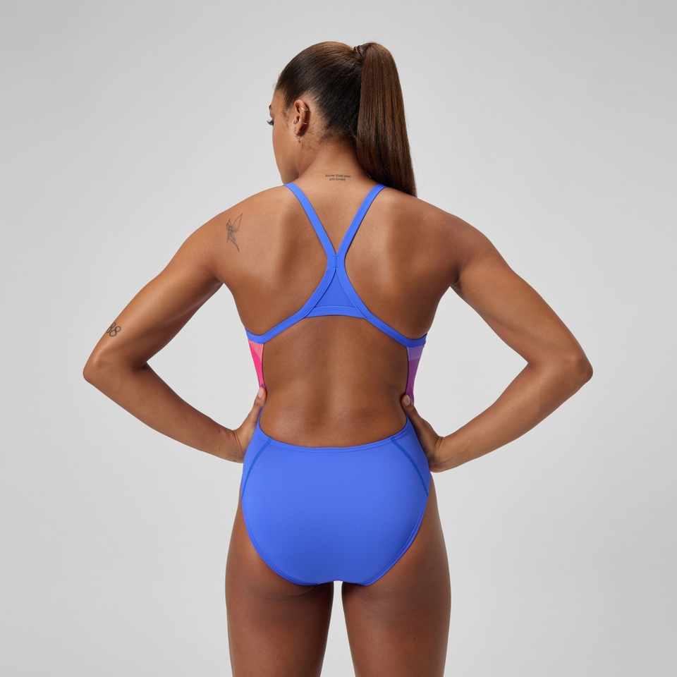 Club Training Bedruckter Turnback-Badeanzug Blau/Pink für Damen