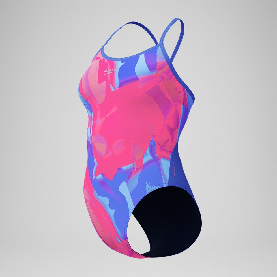 Club Training Bedruckter Turnback-Badeanzug Blau/Pink für Damen