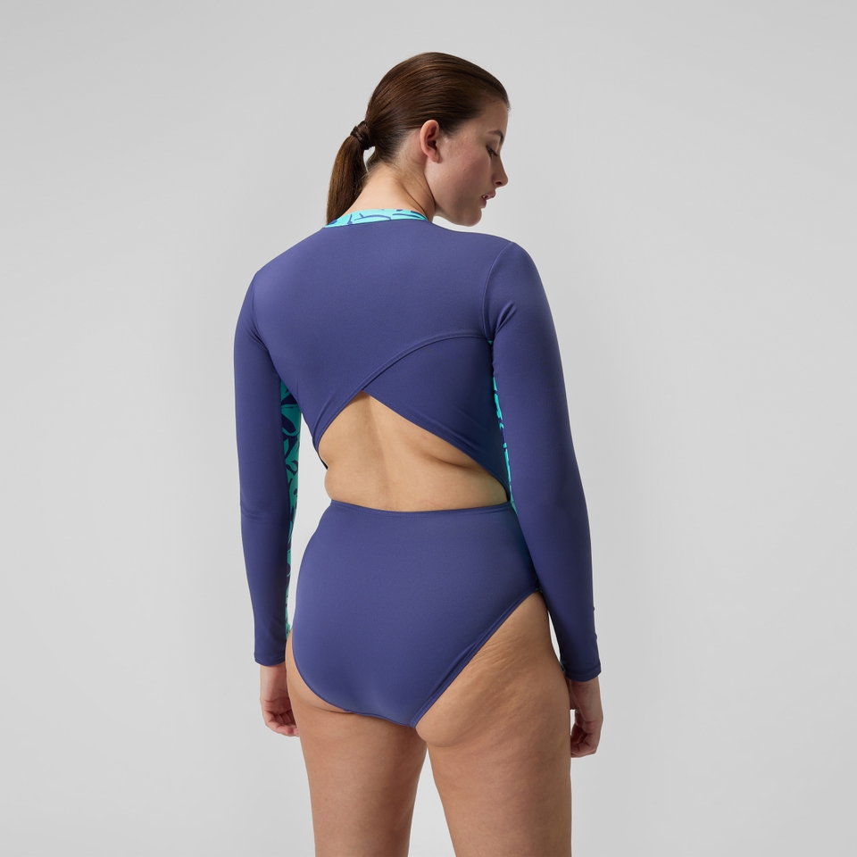 Langärmliger Panel-Badeanzug Blau/Grün für Damen