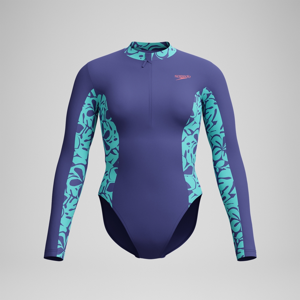 Langärmliger Panel-Badeanzug Blau/Grün für Damen