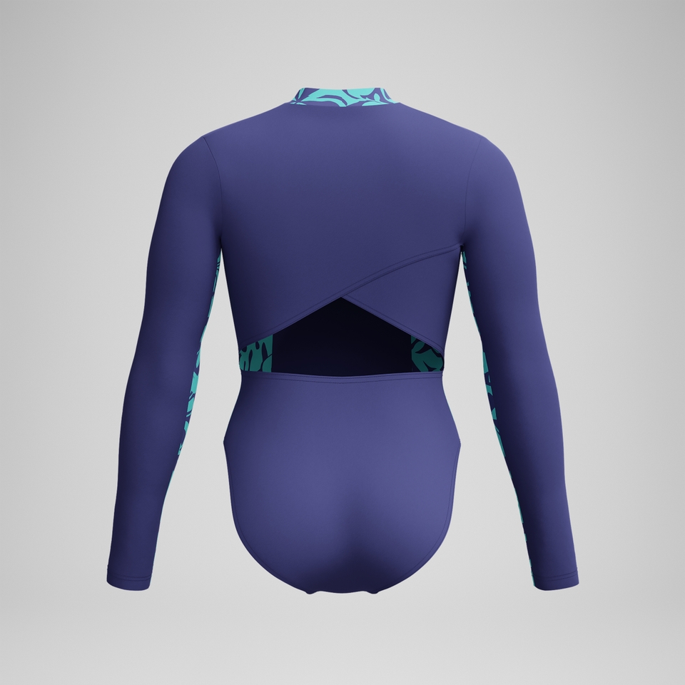 Langärmliger Panel-Badeanzug Blau/Grün für Damen