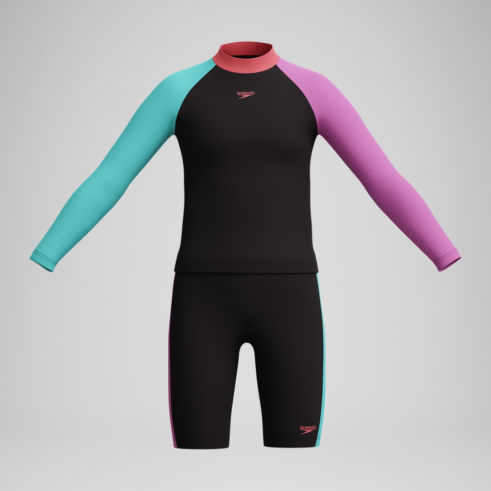 Set aus Rash-Top & Schwimmhose in Colourblock-Optik Schwarz/Pink für Mädchen