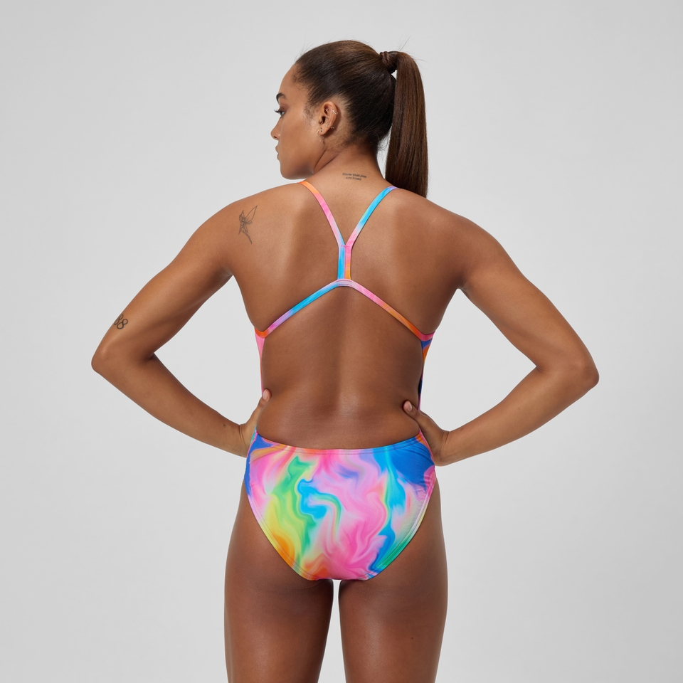 Club Training Bedruckter Badeanzug mit V-Rückenausschnitt Pink/Gelb für Damen