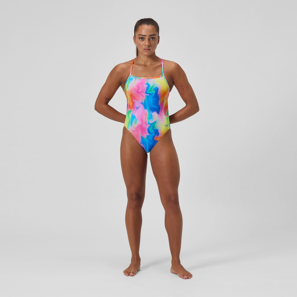 Club Training Bedruckter Badeanzug mit V-Rückenausschnitt Pink/Gelb für Damen