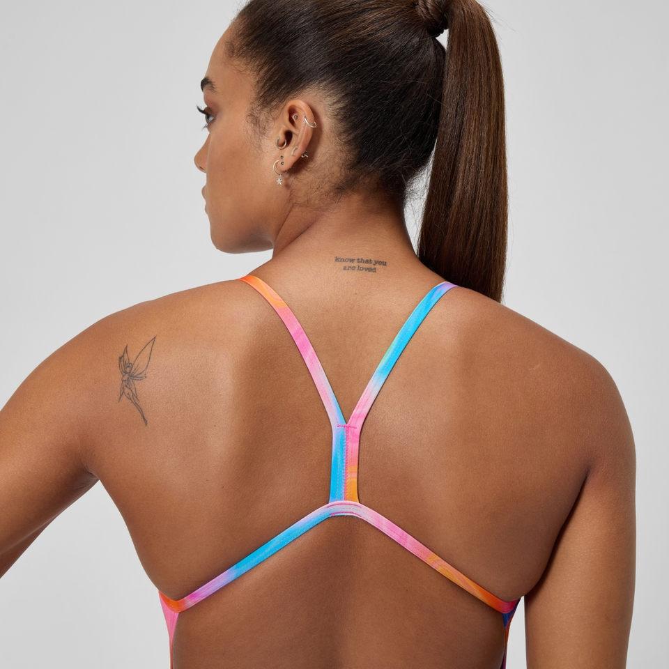 Club Training Bedruckter Badeanzug mit V-Rückenausschnitt Pink/Gelb für Damen