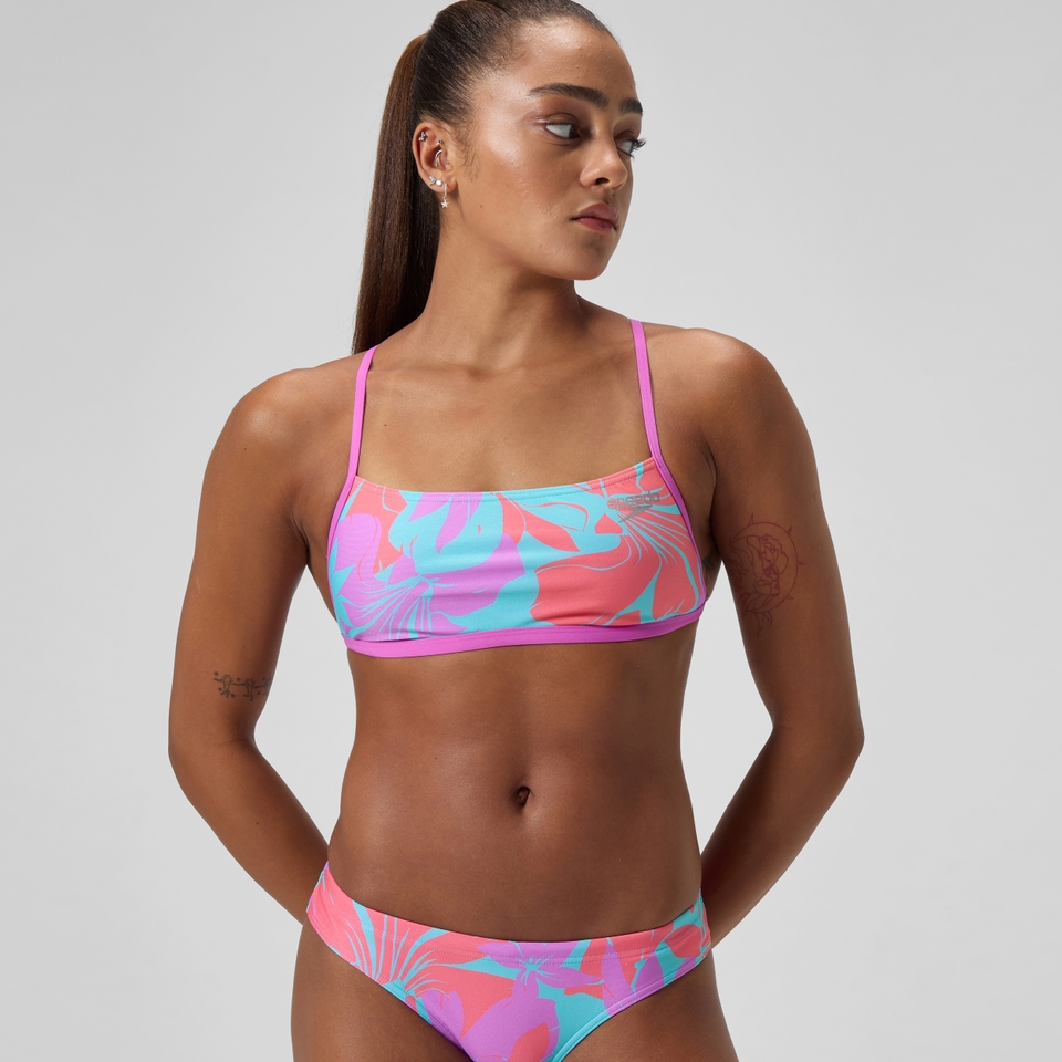 Club Training Bedrucktes Crossback-Bikinioberteil Pink/Grün für Damen