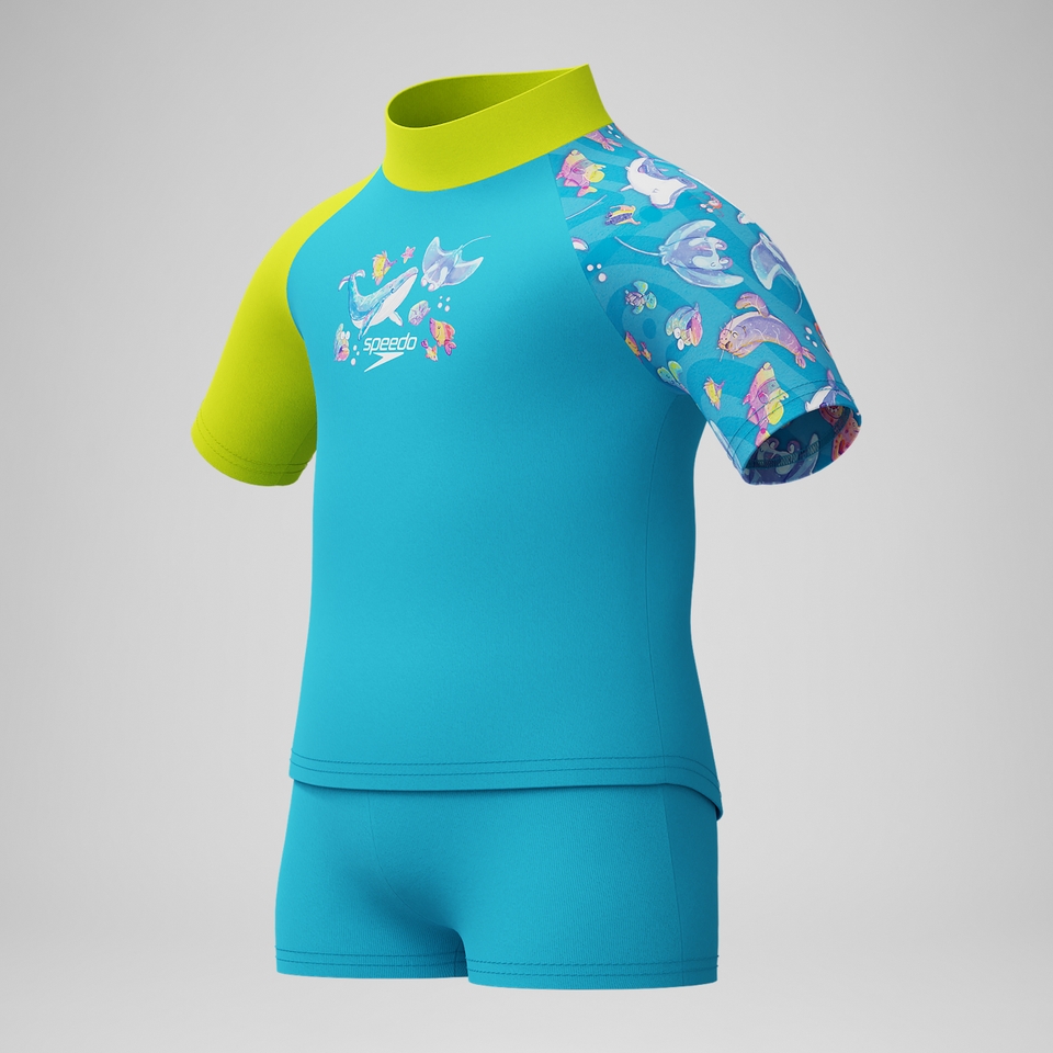 Kurzärmliges Schwimmlern-Rash-Top-Set mit Digitaldruck Blau/Gelb für Jungen