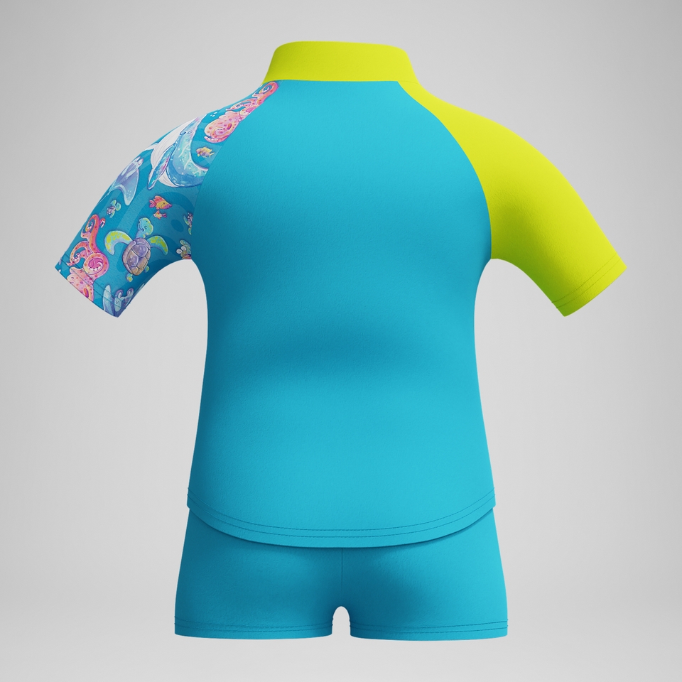 Kurzärmliges Schwimmlern-Rash-Top-Set mit Digitaldruck Blau/Gelb für Jungen