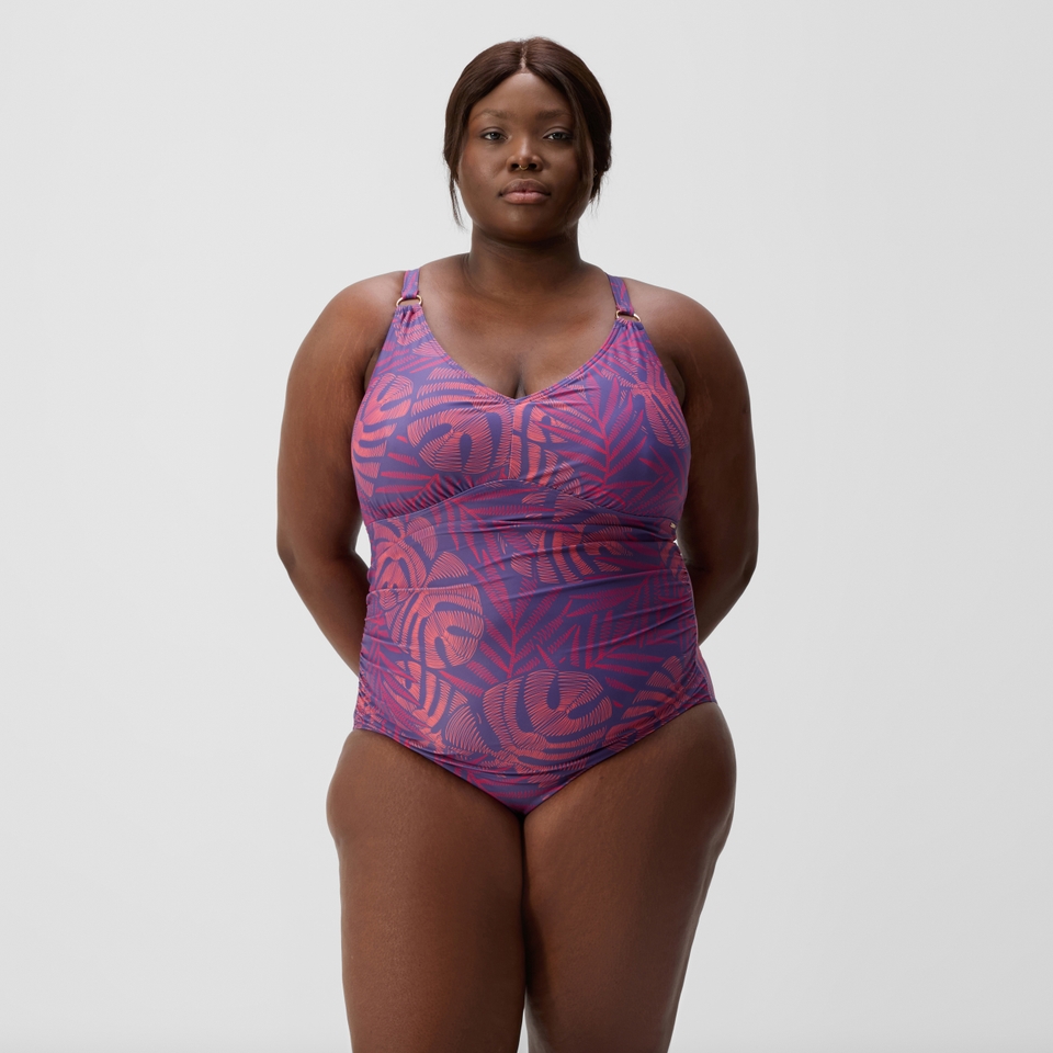 Maillot de bain Femme Plus Size effet galbant V Neck rose/orange