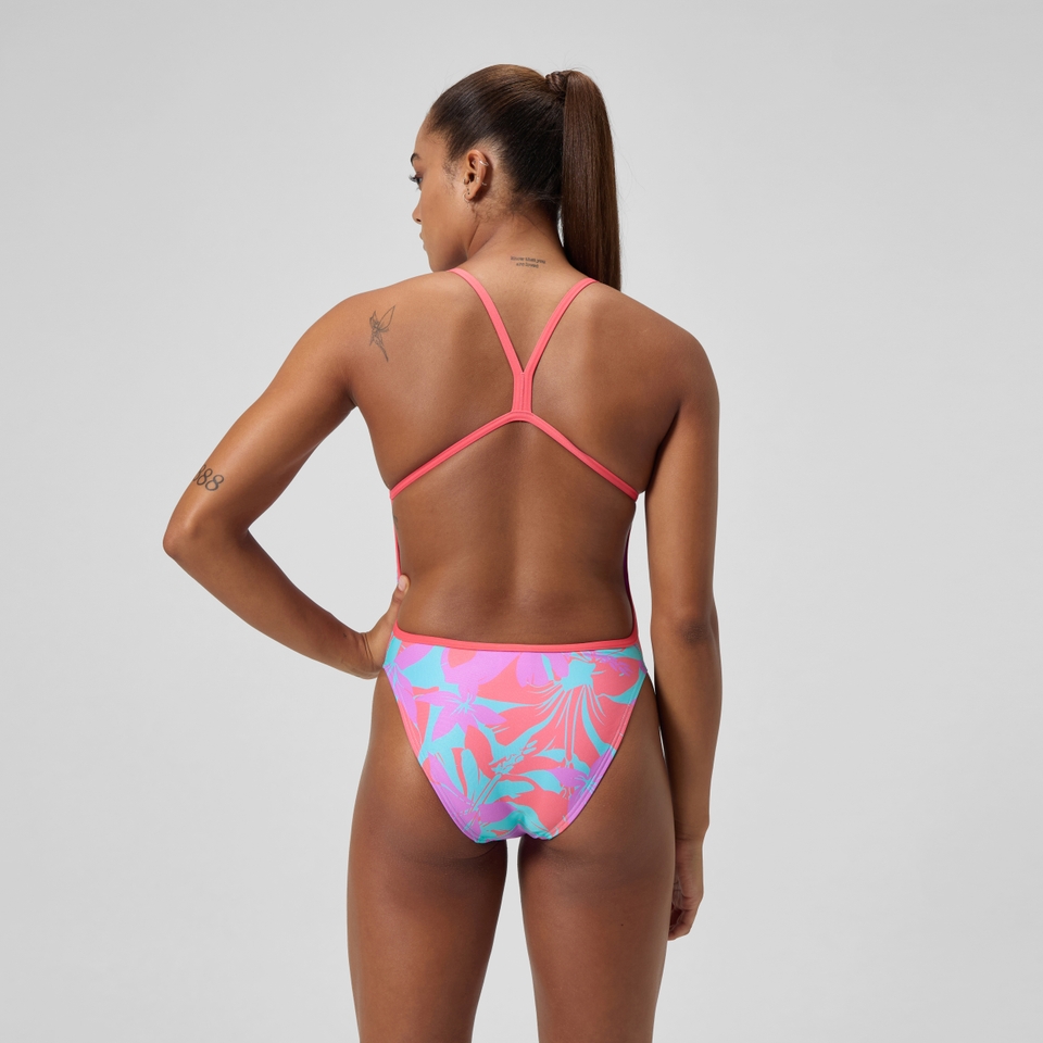 Club Training Bedruckter Badeanzug mit V-Rückenausschnitt Pink/Grün für Damen