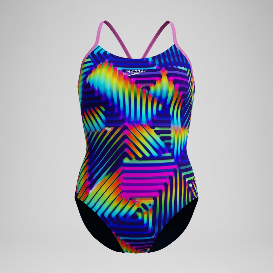 Club Training Bedruckter Fixed-Crossback-Badeanzug Marineblau/Grün für Damen