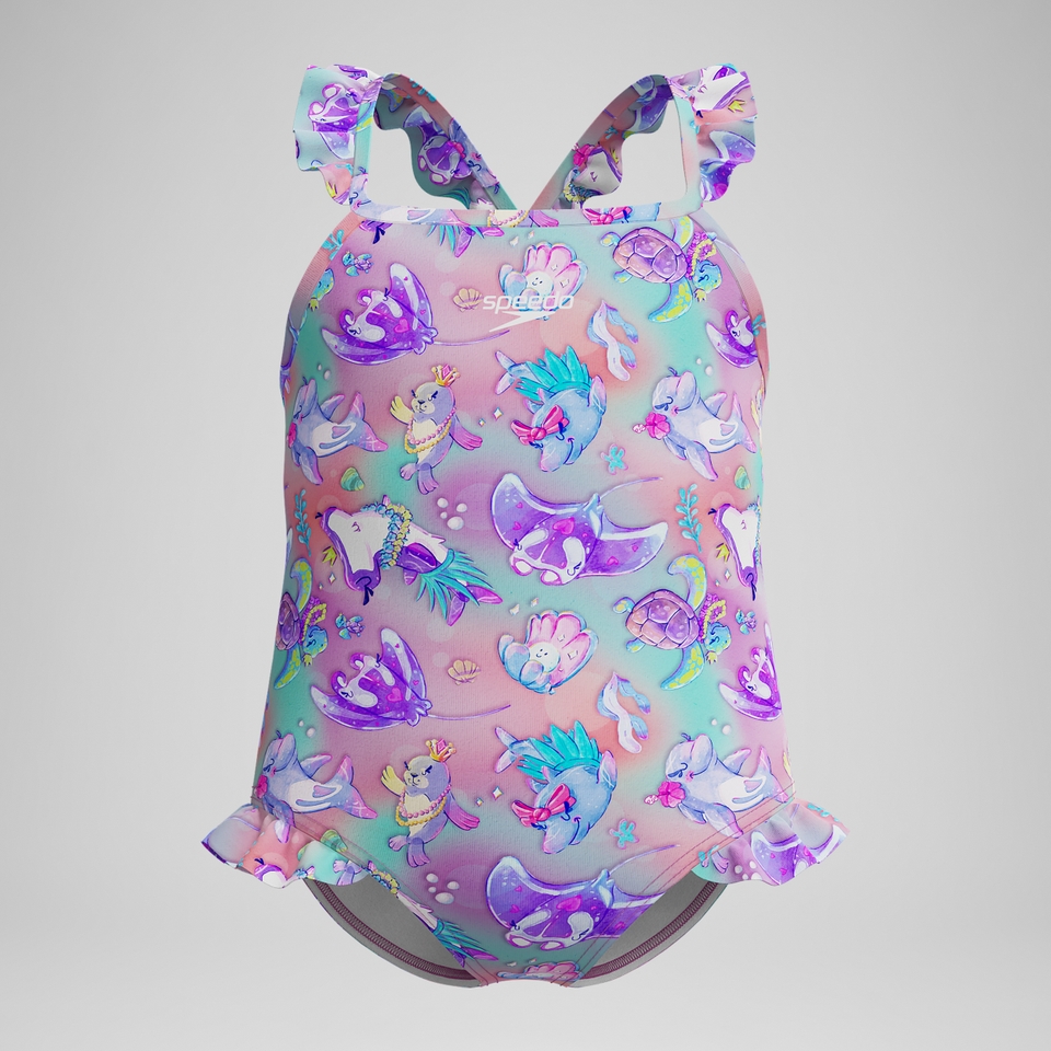 Maillot de bain Fille à fines bretelles et volants rose/violet