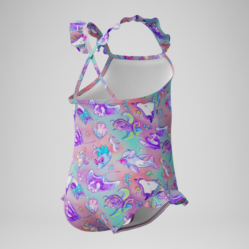 Maillot de bain Fille à fines bretelles et volants rose/violet