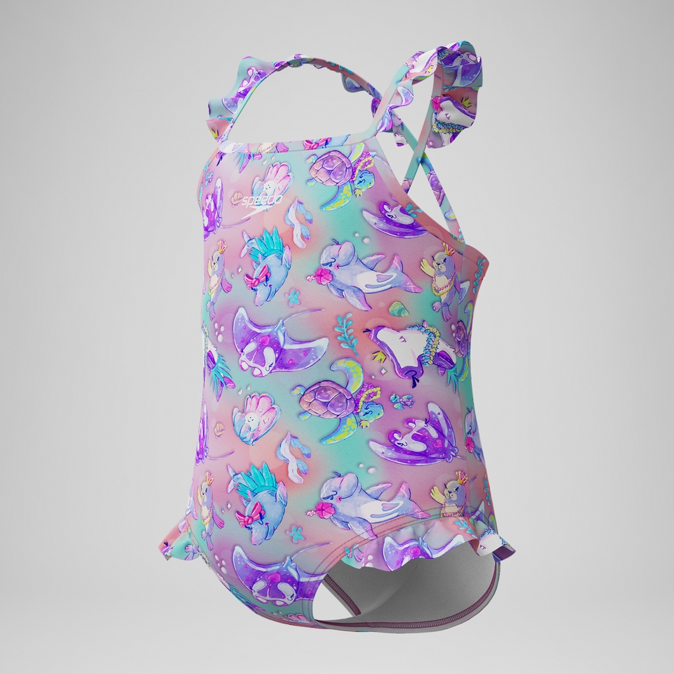 Maillot de bain Fille à fines bretelles et volants rose/violet