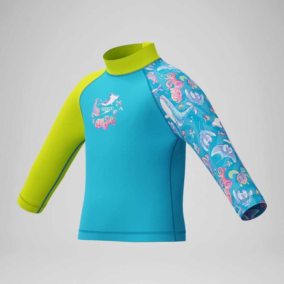Bedrucktes Langärmliges Schwimmlern-Rash-Top Blau/Gelb für Jungen