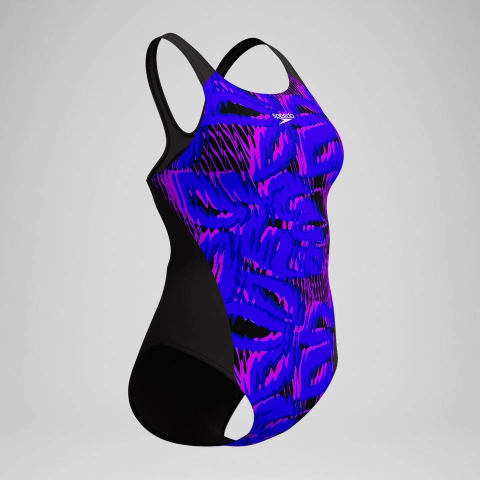 Club Training Bedruckter Recordback-Badeanzug Schwarz/Blau für Damen
