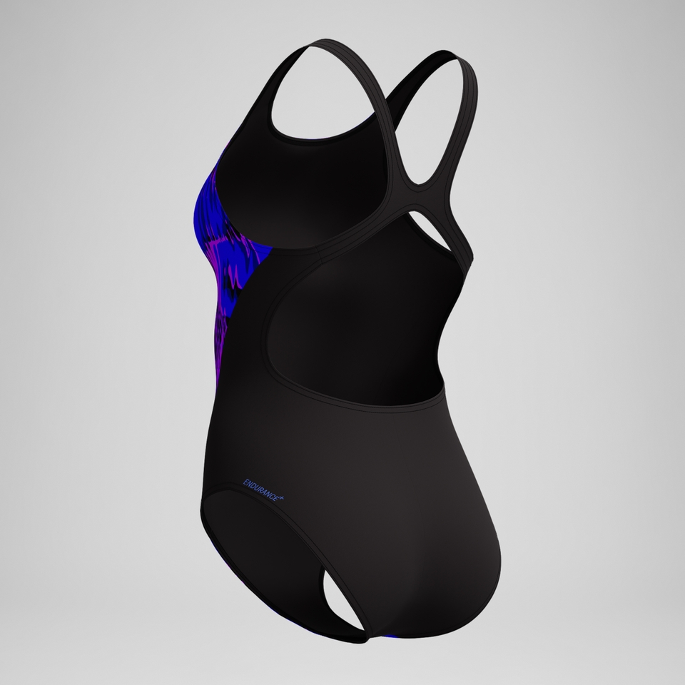 Club Training Bedruckter Recordback-Badeanzug Schwarz/Blau für Damen