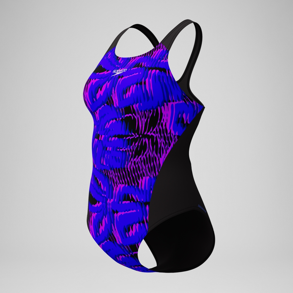 Club Training Bedruckter Recordback-Badeanzug Schwarz/Blau für Damen