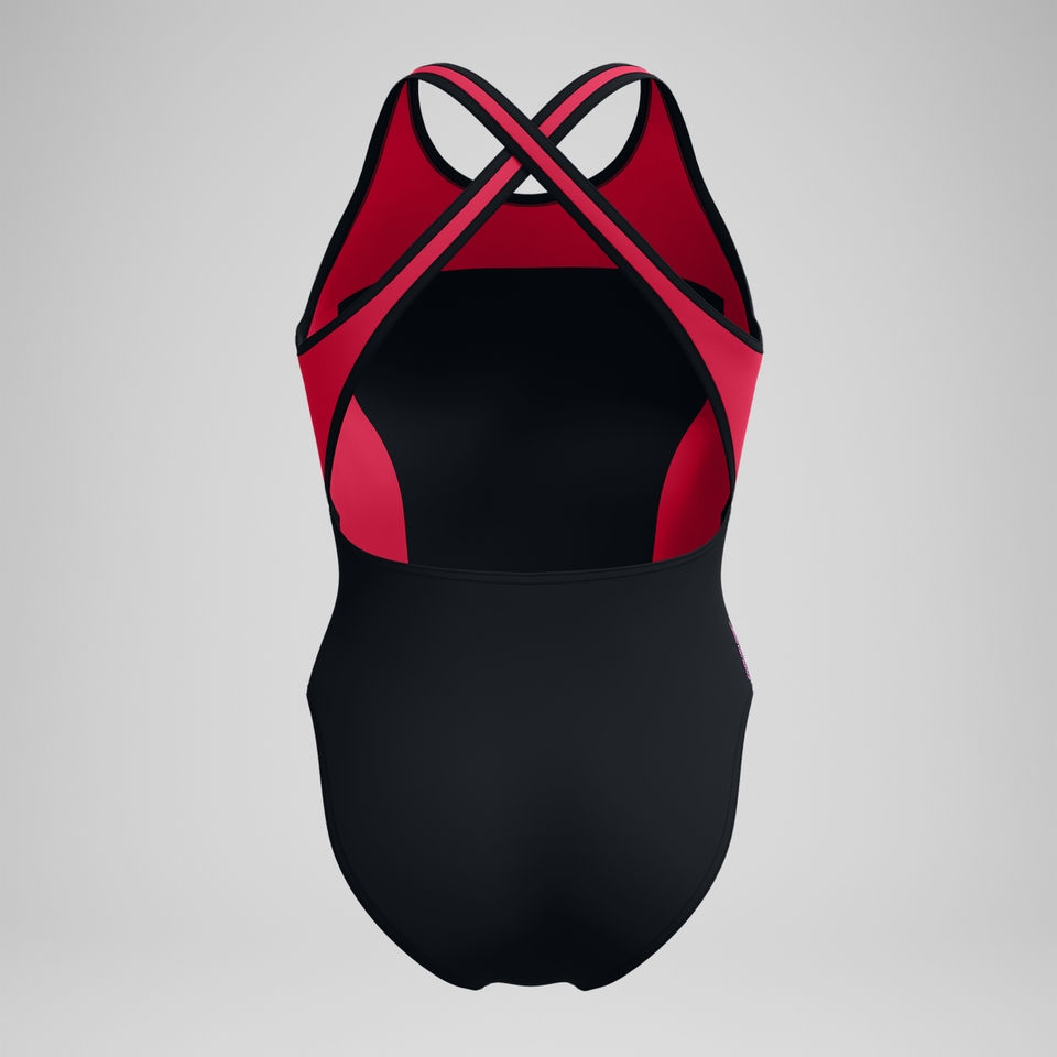 Highneck-Splice-Badeanzug mit Crossback Schwarz/Rot für Damen