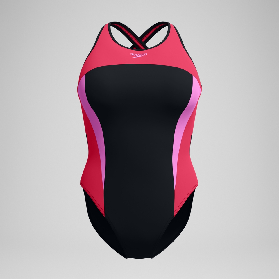 Highneck-Splice-Badeanzug mit Crossback Schwarz/Rot für Damen