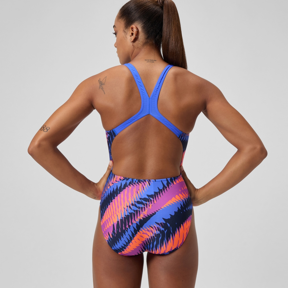 Club Training Bedruckter Powerback-Badeanzug Blau/Pink für Damen