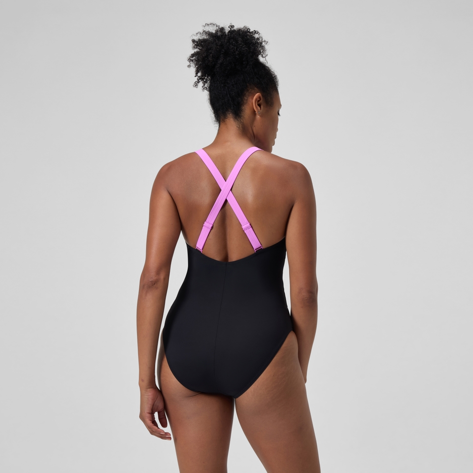 Maillot de bain Femme effet galbant Crossback noir/rose