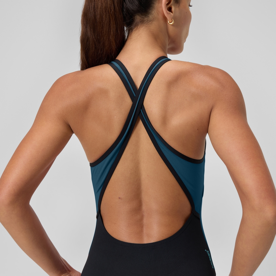 Highneck-Splice-Badeanzug mit Crossback Dunkelpetrol/Grün für Damen