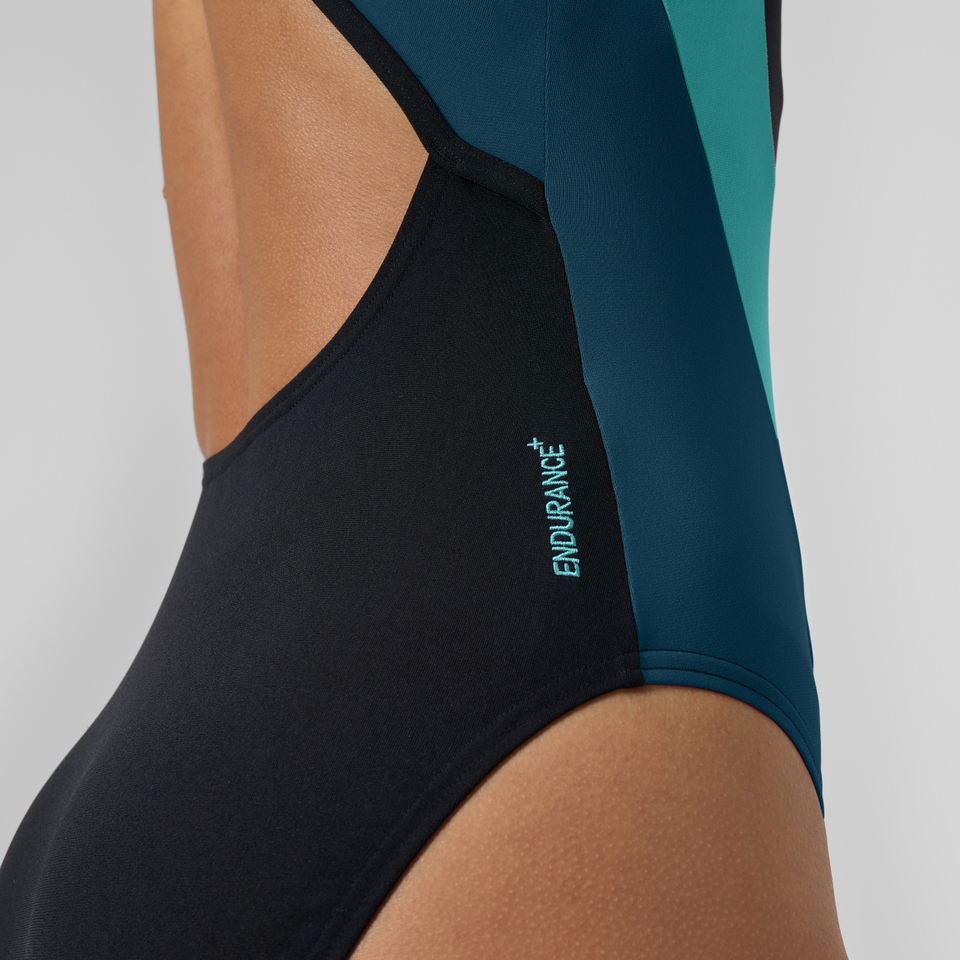 Highneck-Splice-Badeanzug mit Crossback Dunkelpetrol/Grün für Damen