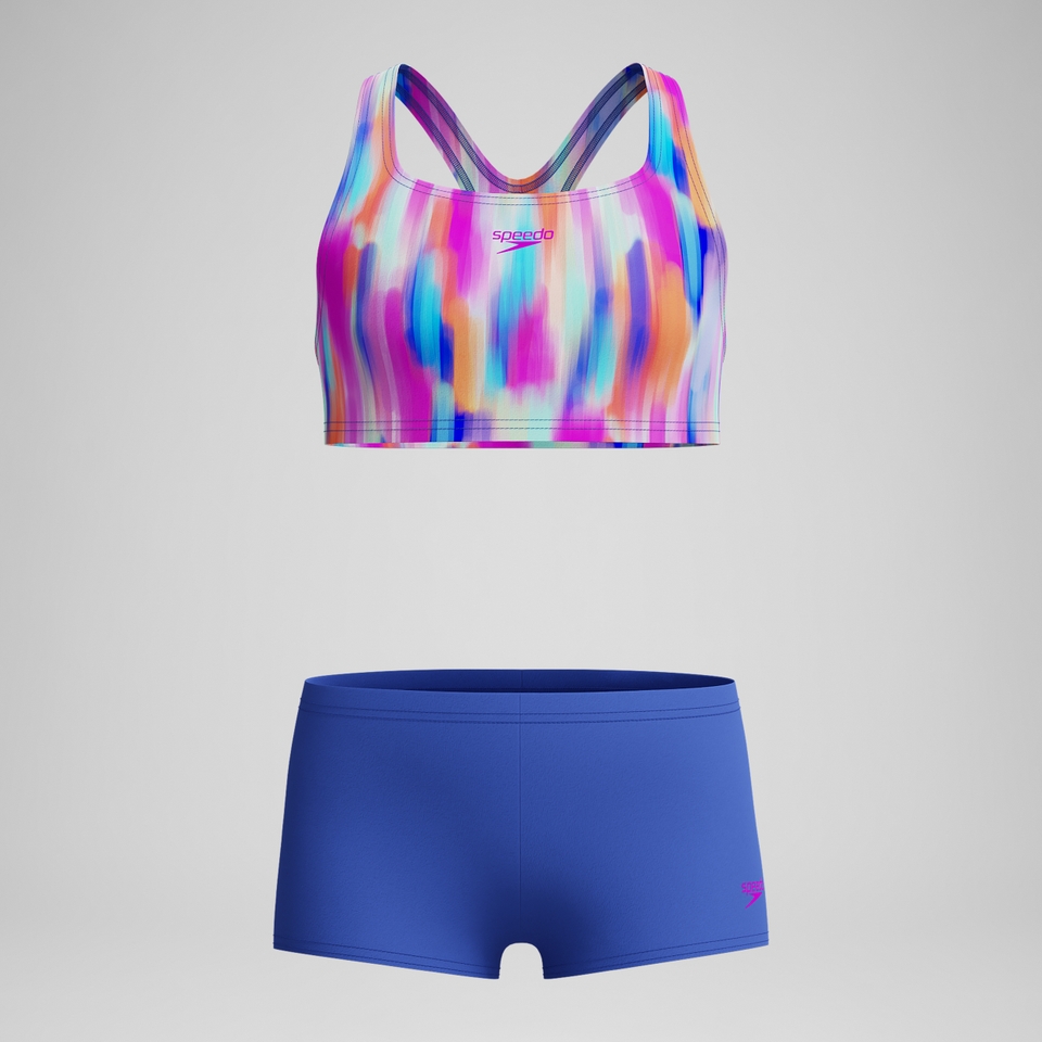 Bedruckter Boyleg-Bikini Blau/Pink für Mädchen