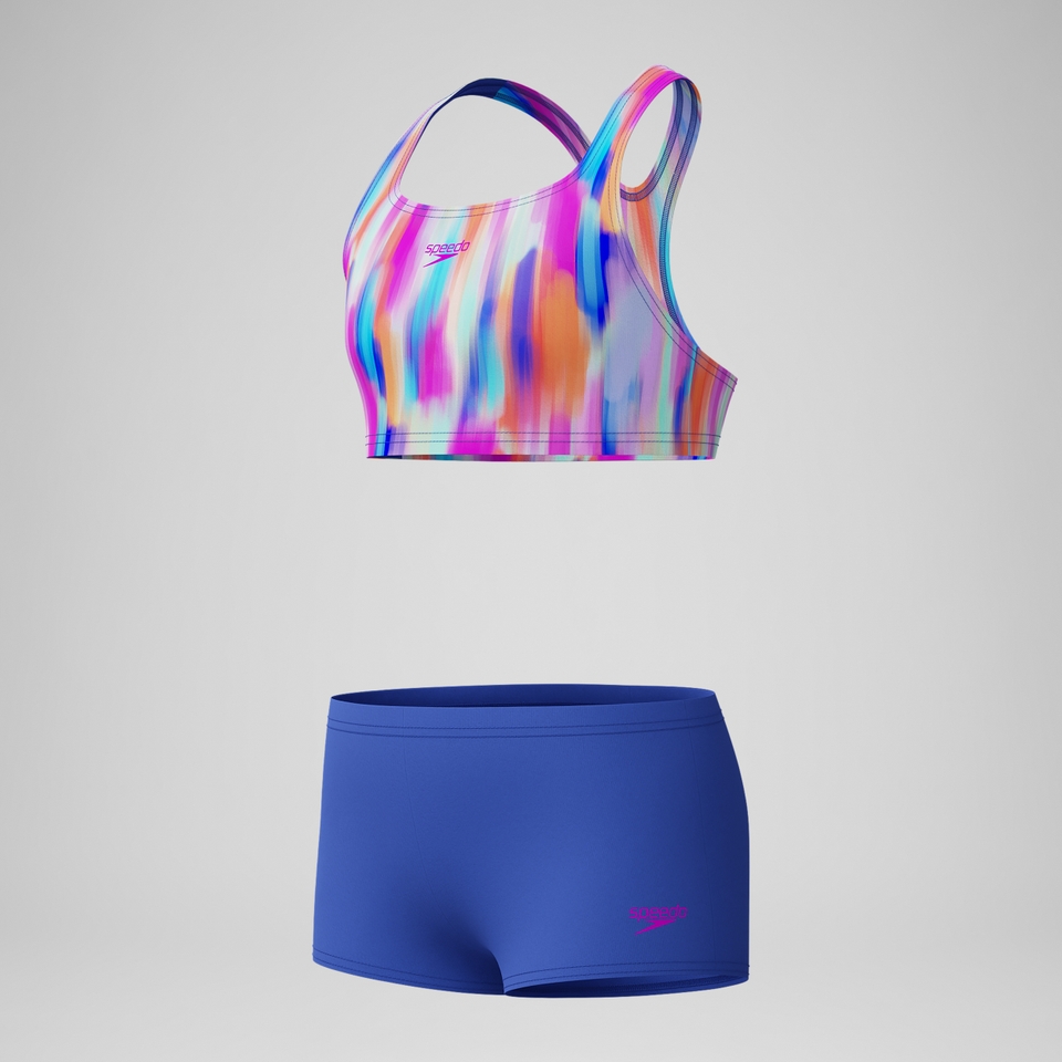 Bedruckter Boyleg-Bikini Blau/Pink für Mädchen
