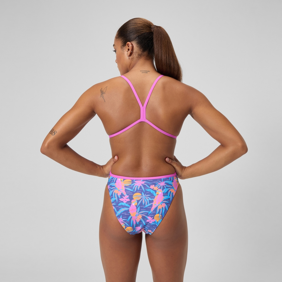 Club Training Bedruckter Badeanzug mit V-Rückenausschnitt Blau/Pink für Damen