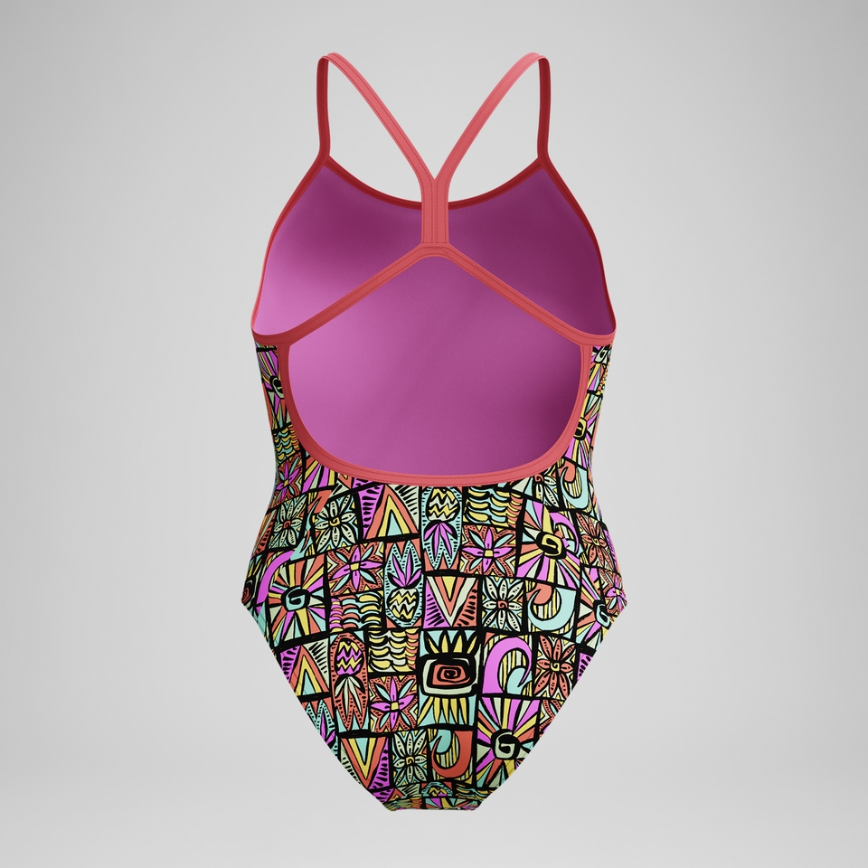 Maillot de bain Fille Club Training dos en V imprimé noir/corail