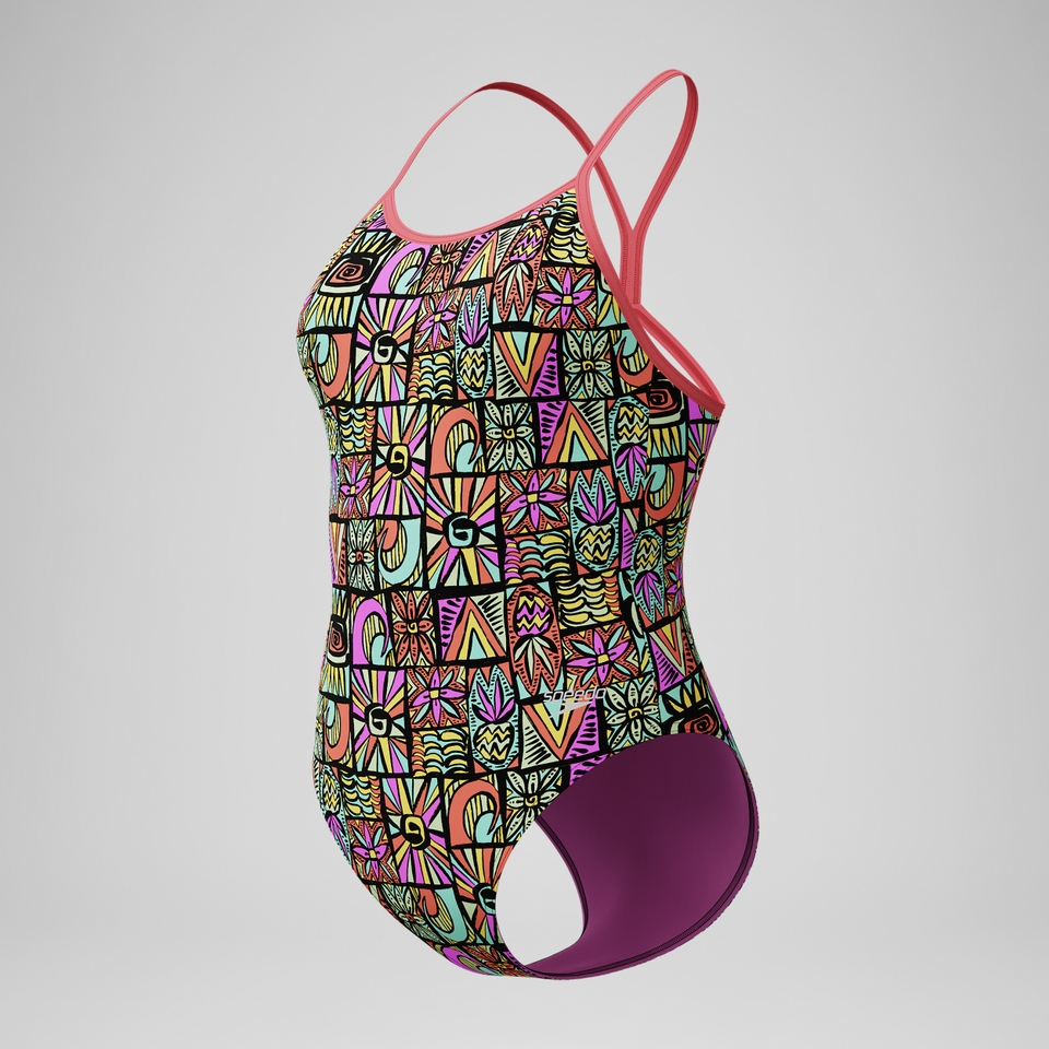 Maillot de bain Fille Club Training dos en V imprimé noir/corail