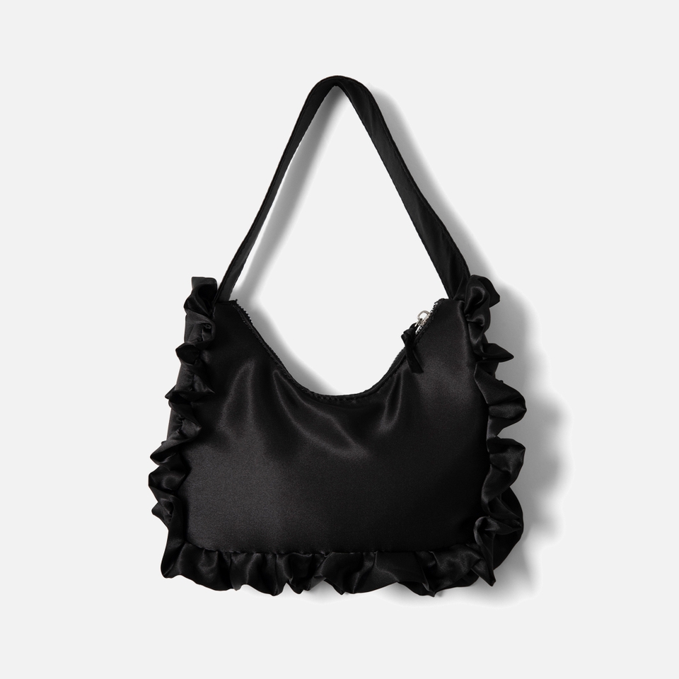 Damson Madder 90s Frill-Trimmed Satin Shoulder Bag