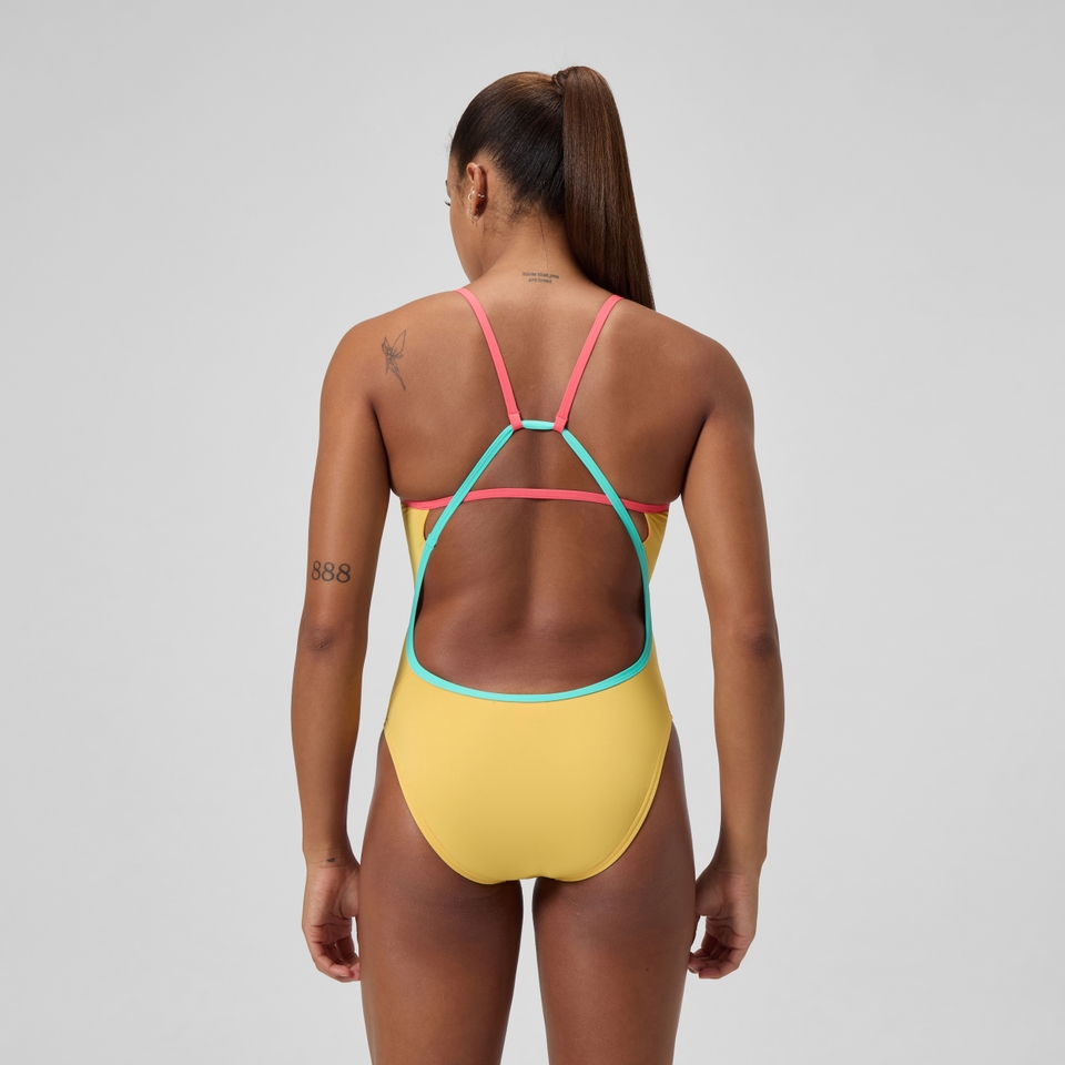Women's Solid Tri Back One Piece Yellow