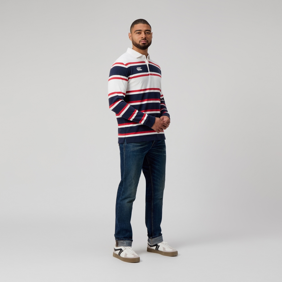 MENS ENGINEERED STRIPE RUGBY JERSEY BLUE