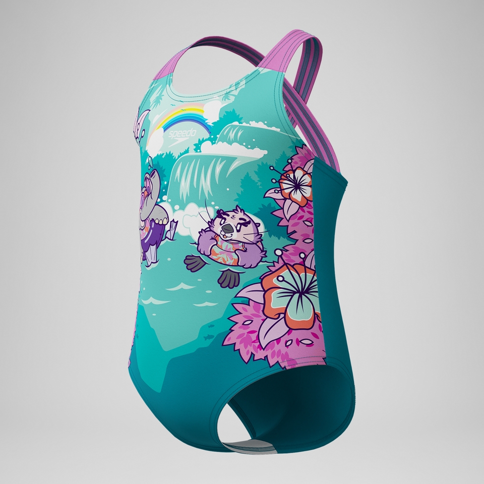 Bedruckter Schwimmlern-Crossback-Badeanzug Grün für Kleinkinder (Mädchen)