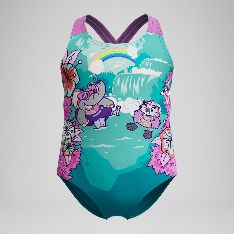 Bedruckter Schwimmlern-Crossback-Badeanzug Grün für Kleinkinder (Mädchen)