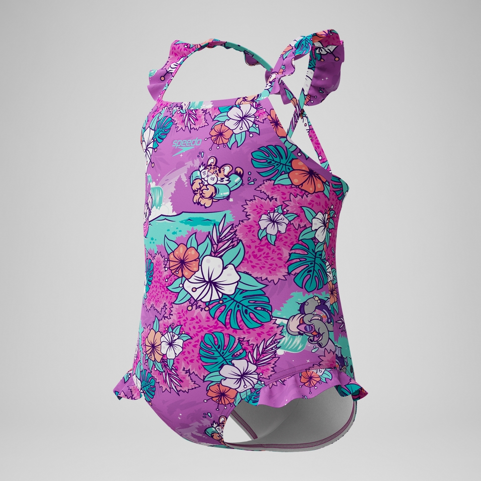 Bedruckter Schwimmlern-Rüschen-Badeanzug mit dünnen Trägern Pink für Kleinkinder (Mädchen)