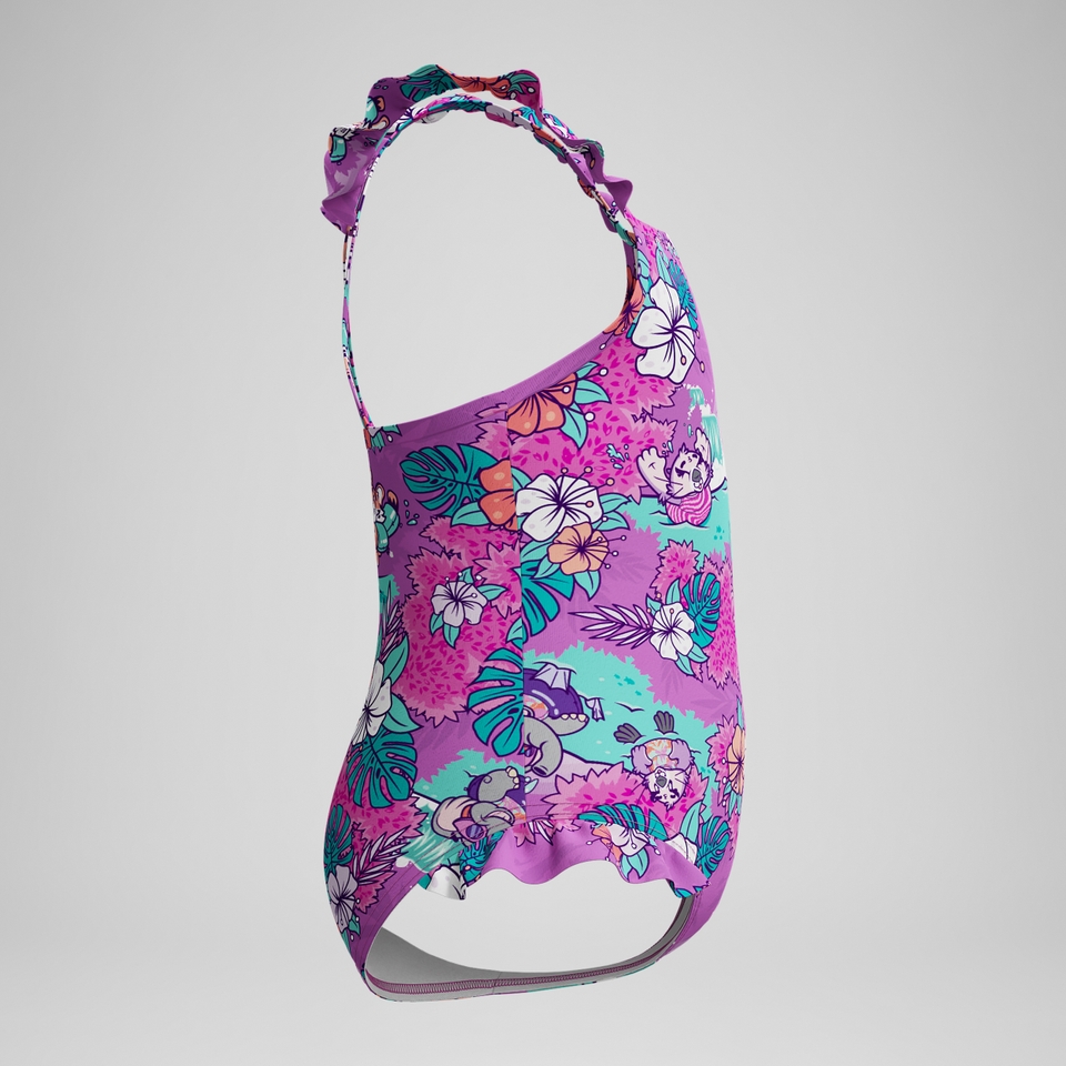 Bedruckter Schwimmlern-Rüschen-Badeanzug mit dünnen Trägern Pink für Kleinkinder (Mädchen)