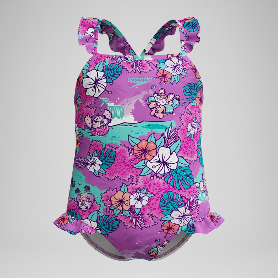 Bedruckter Schwimmlern-Rüschen-Badeanzug mit dünnen Trägern Pink für Kleinkinder (Mädchen)