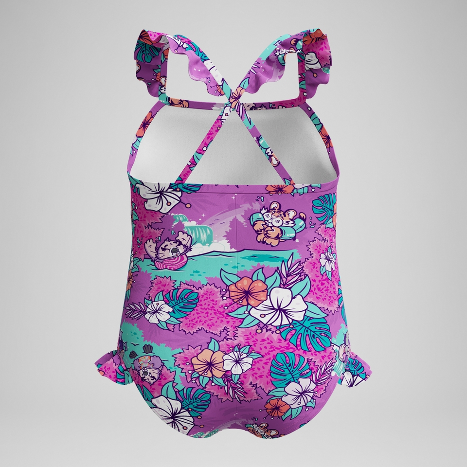 Bedruckter Schwimmlern-Rüschen-Badeanzug mit dünnen Trägern Pink für Kleinkinder (Mädchen)