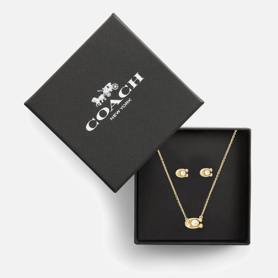 Coach Earrings & Necklace C Gold-Tone Faux Pearl Set