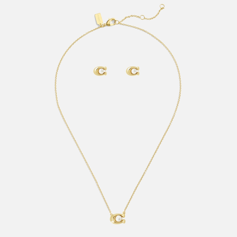 Coach Earrings & Necklace C Gold-Tone Faux Pearl Set