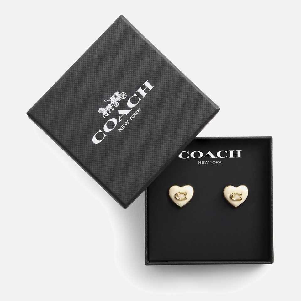 Coach Enamel Heart C Stud Boxed Gold-Tone Earrings