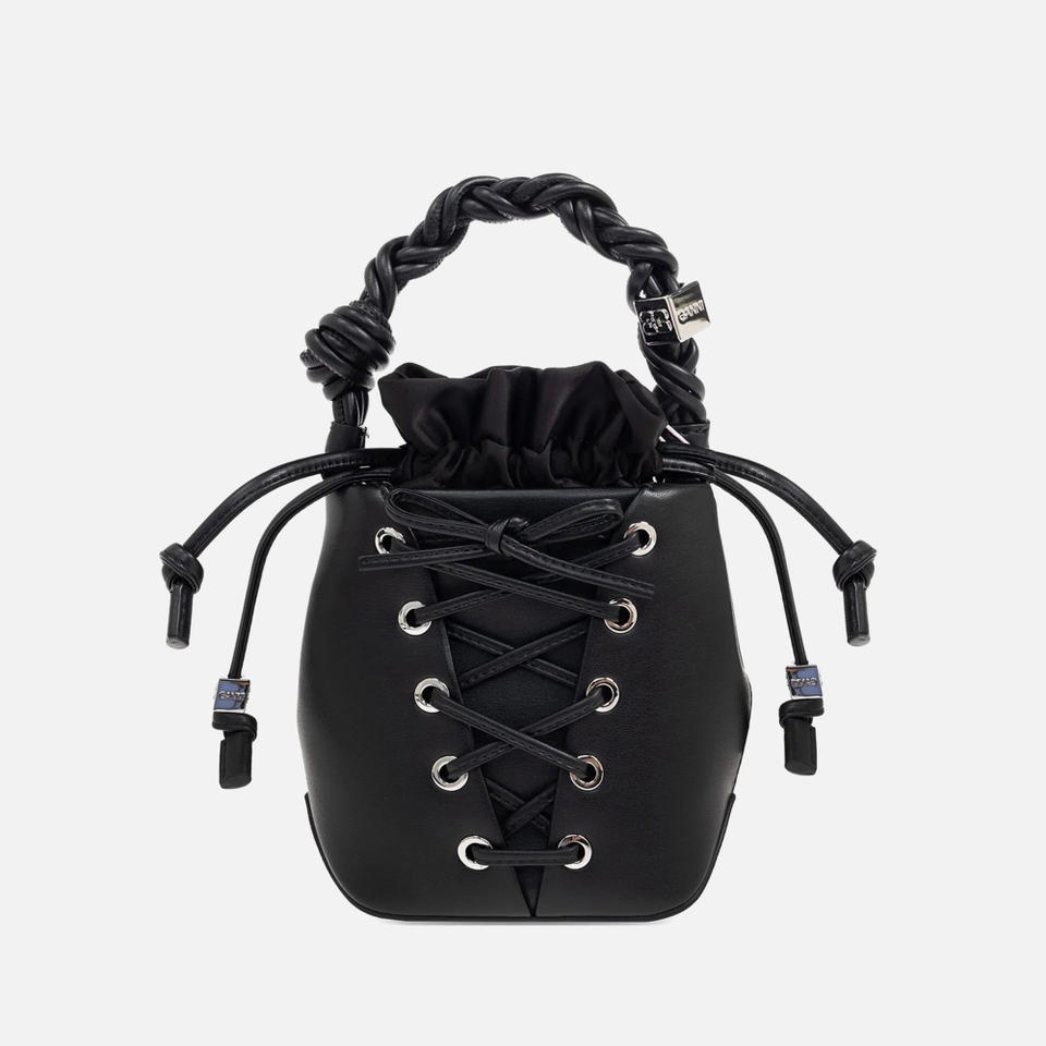 Ganni■Bou Bucket Mini Eyelets Lace Up - Black Ganni Mini Eyelets Lace-Up Bou Bucket Bag | Coggles