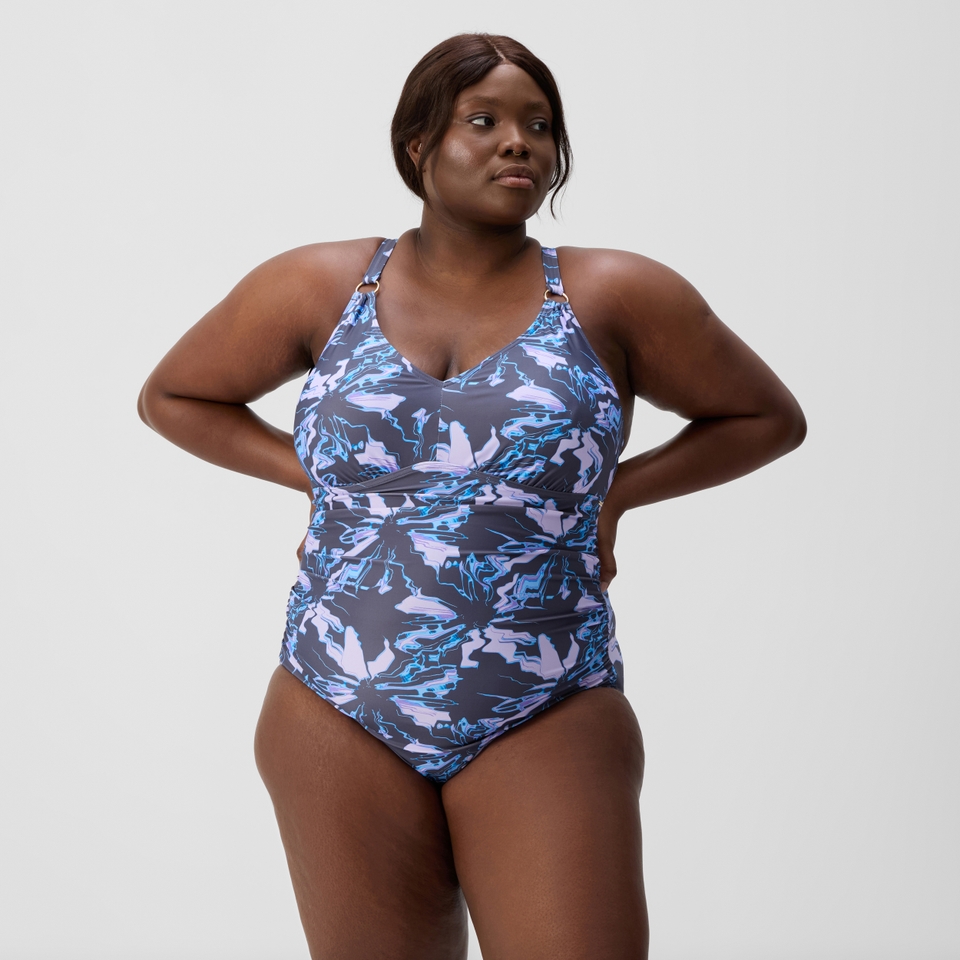 Damen Shaping-Badeanzug mit V-Ausschnitt und Print in Übergröße Violett/Grau