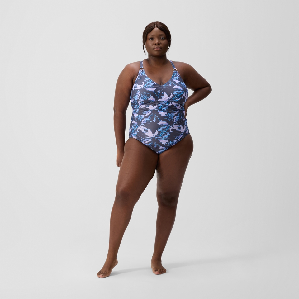 Damen Shaping-Badeanzug mit V-Ausschnitt und Print in Übergröße Violett/Grau
