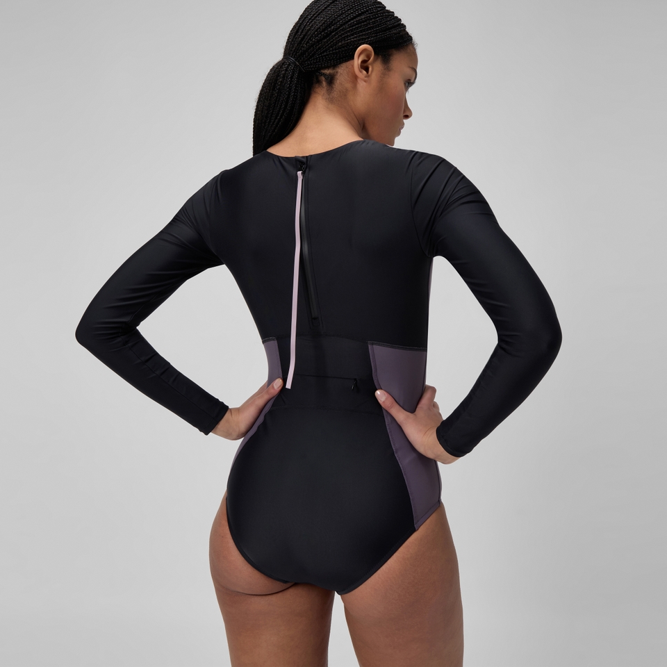 Women's Long Sleeve Zip Back One Piece Black/Dark Gray